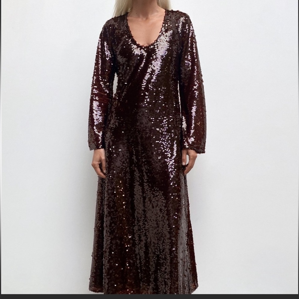 ZARA limited edition maroon sequins dress maxi long sleeves